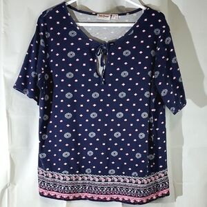 John Baner Pink/Blue Floral/Paisley/Western Relaxed Blouse w/ Tie Front - Size L